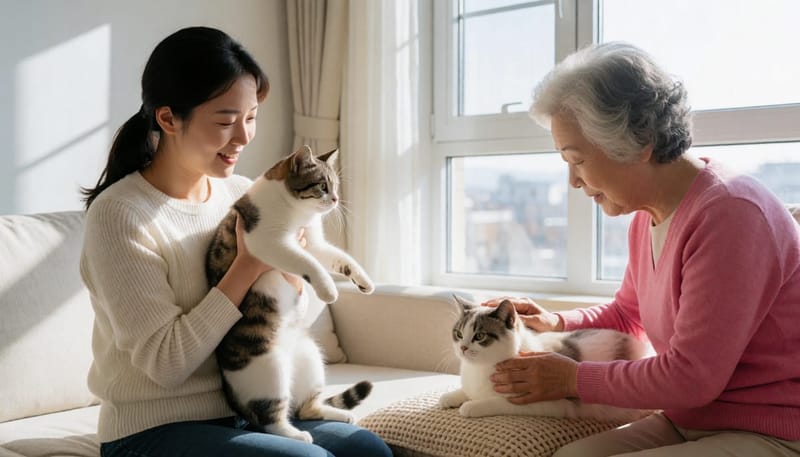 젊은 여성의 활기찬 어린 고양이와 나이든 여성의 비만 노령 고양이를 한 장면에 담은 모습