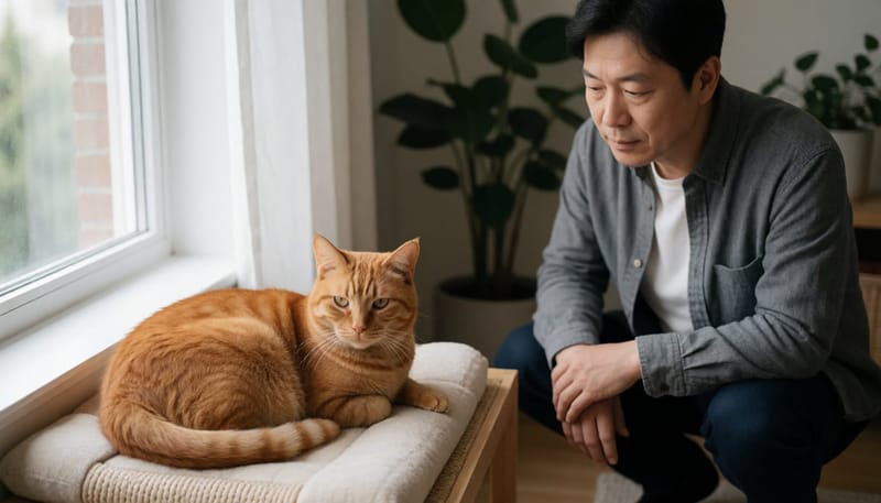 휴식 중인데도 옆구리가 빠르게 움직이며 호흡이 가빠진 고양이를 관찰하는 남성