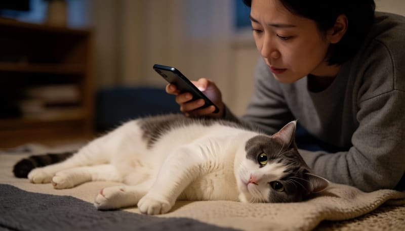 입을 살짝 벌리고 힘겹게 숨을 쉬는 고양이를 옆에서 시간을 재며 살피는 여성