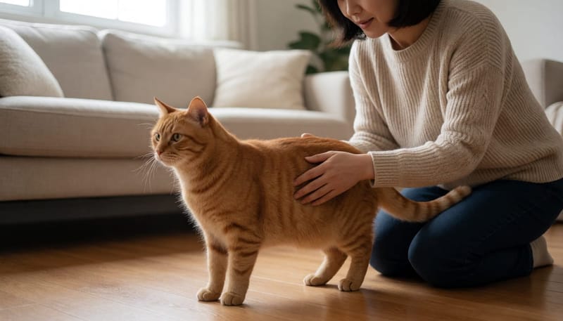 거실 바닥에 서 있는 통통한 고양이의 옆구리를 여성이 손으로 만져 체형을 확인하는 모습