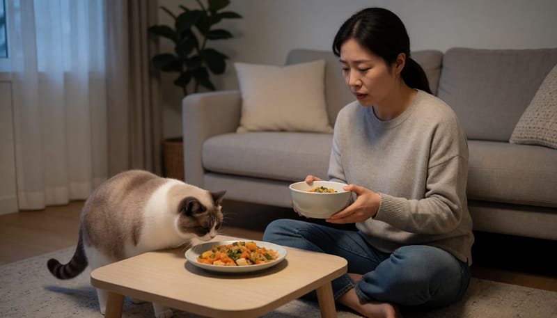 사람 음식이 놓인 낮은 테이블 근처를 살피는 고양이와 이를 걱정스럽게 바라보는 여성