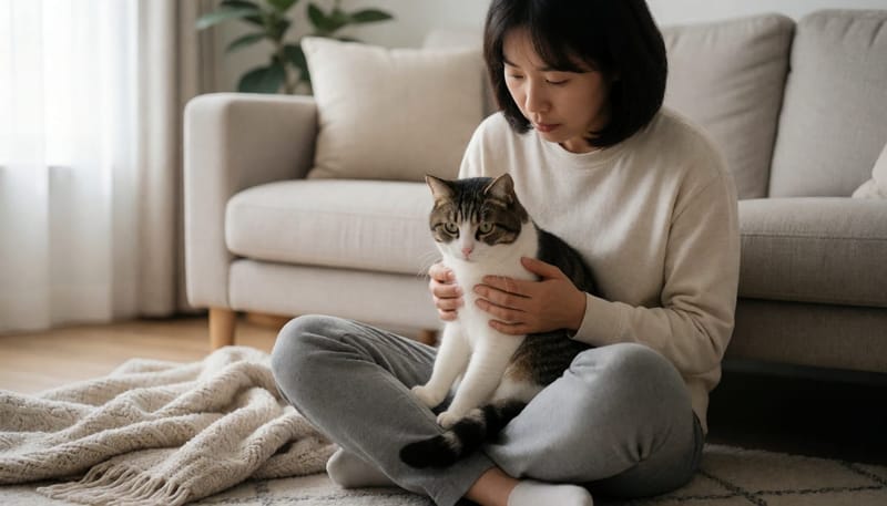 고양이가 자신의 배를 반복해서 핥는 모습을 여성이 무릎에 안고 살펴보는 장면