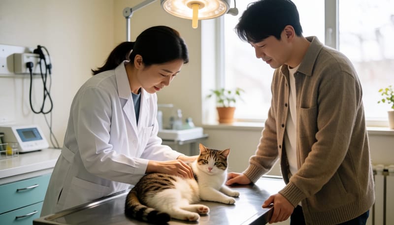 동물병원 진료실에서 수의사가 고양이 배를 진찰하고 보호자가 옆에서 지켜보는 모습