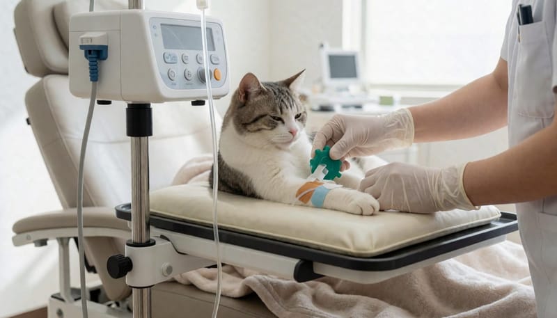 입원 중 수액 치료를 받는 고양이 다리와 수액줄 클로즈업
