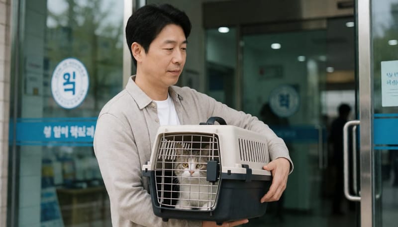 보호자가 노령묘를 이동장에 넣어 동물병원에 데려가는 모습