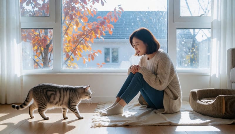 선선해진 거실에서 고양이의 걸음걸이를 지켜보는 여성