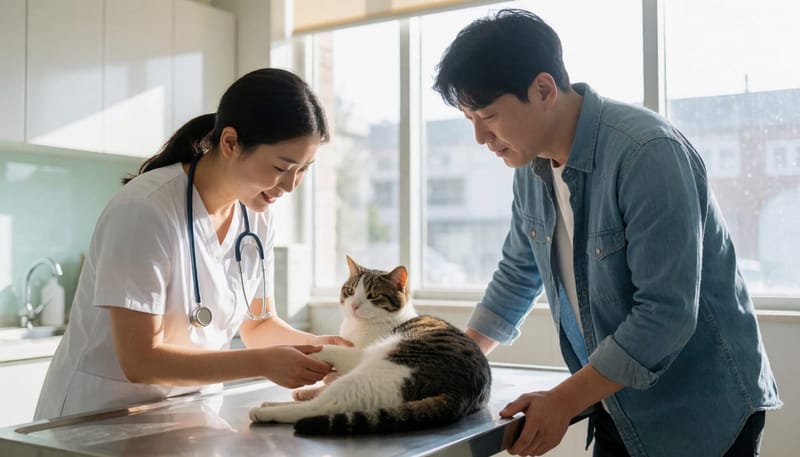 진료대에서 고양이의 무릎 관절을 살펴보는 수의사와 지켜보는 보호자