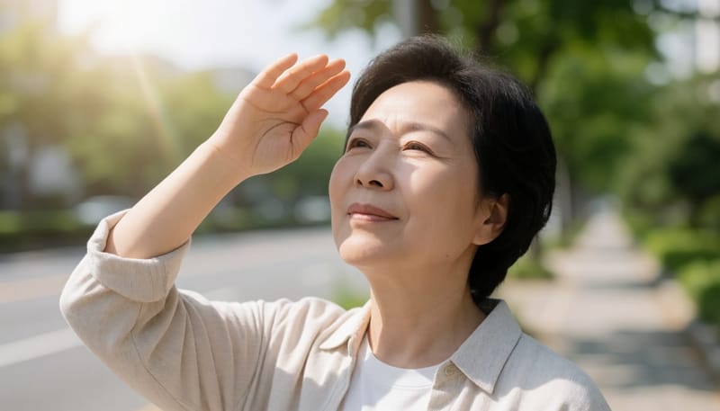 뙤약볕 아래 눈부심에 손으로 눈을 가리며 찡그리는 중년 여성