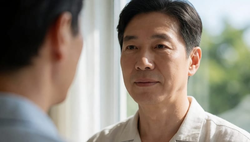 강한 햇빛 속 눈가와 눈동자가 클로즈업된 중년 남성의 얼굴