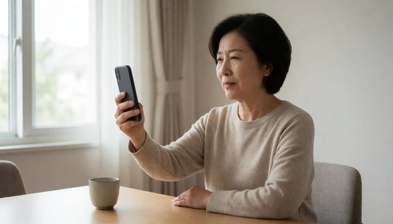 스마트폰 화면을 보며 시야 이상을 느끼는 여성의 모습