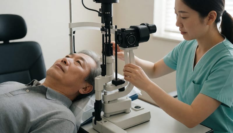 백내장 수술 전 검사 장비 앞에 누워 있는 환자와 준비하는 간호사