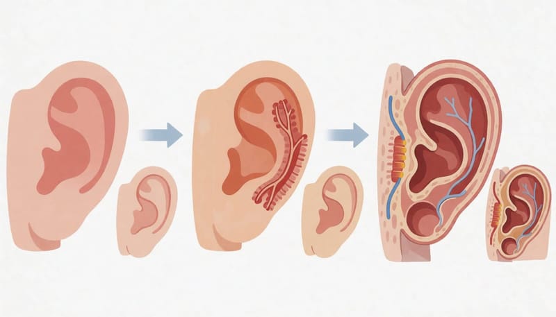 충격 후 혈종이 생기는 과정과 연령에 따라 다른 연골 탄력 차이를 비교한 단계별 그림