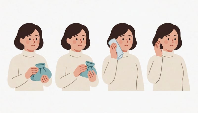 20대 여성이 다친 귀에 냉찜질과 압박, 거치를 시간 순서대로 하는 응급 처치 장면
