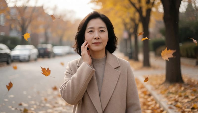 찬바람에 뺨을 감싸며 통증을 느끼는 여성의 모습
