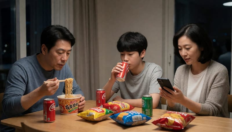 야식과 스마트폰 습관이 겹치는 가족의 저녁 식탁 풍경