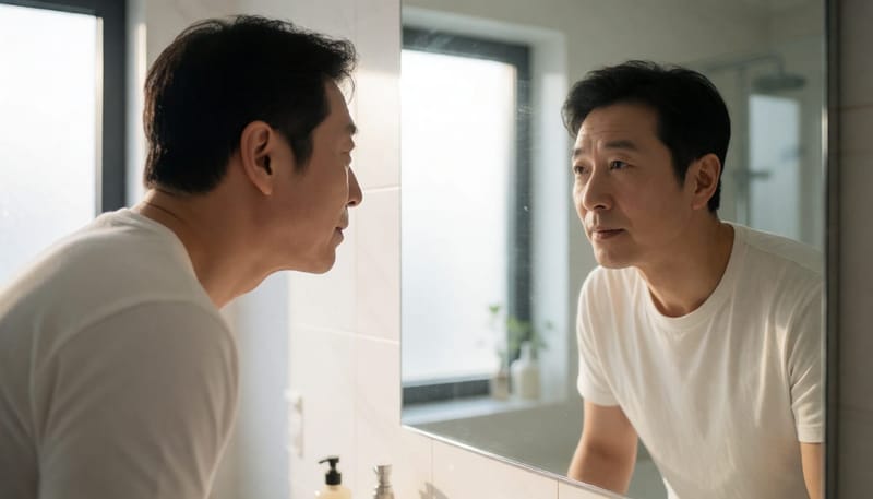 거울 앞에서 어금니 상태를 살펴보는 남성의 모습