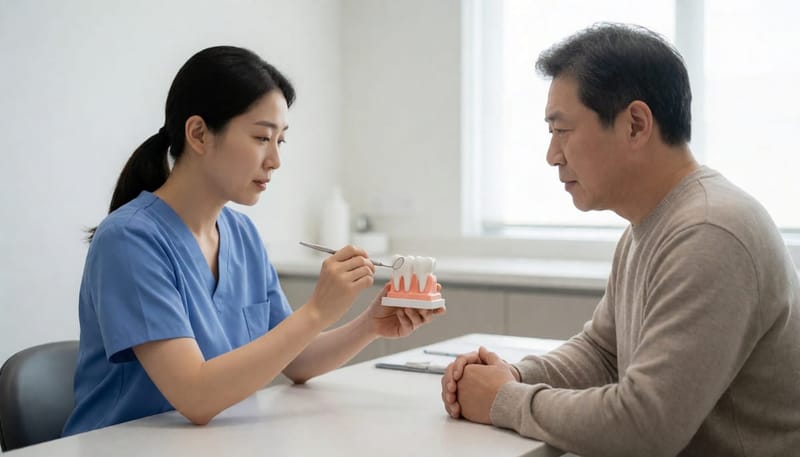 치과 상담실에서 치아 모형을 보며 설명을 듣는 환자