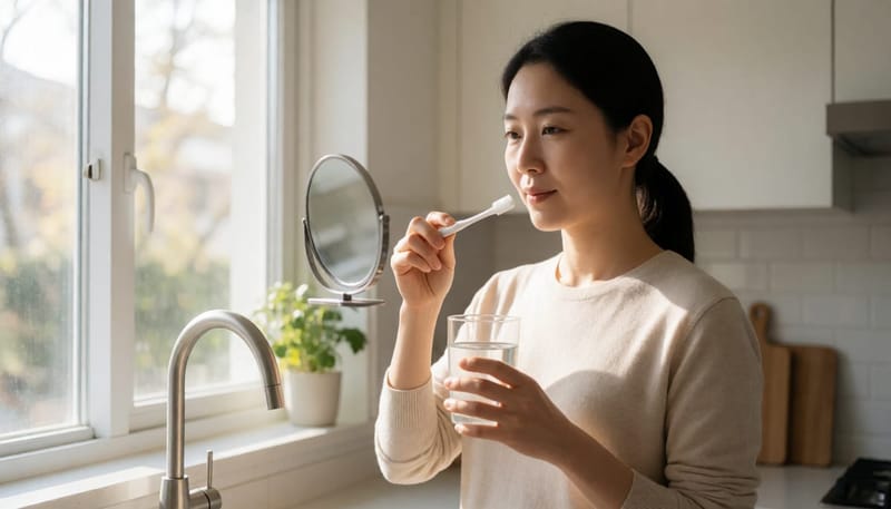 밝은 아침 주방에서 양치질로 예방 관리를 실천하는 여성