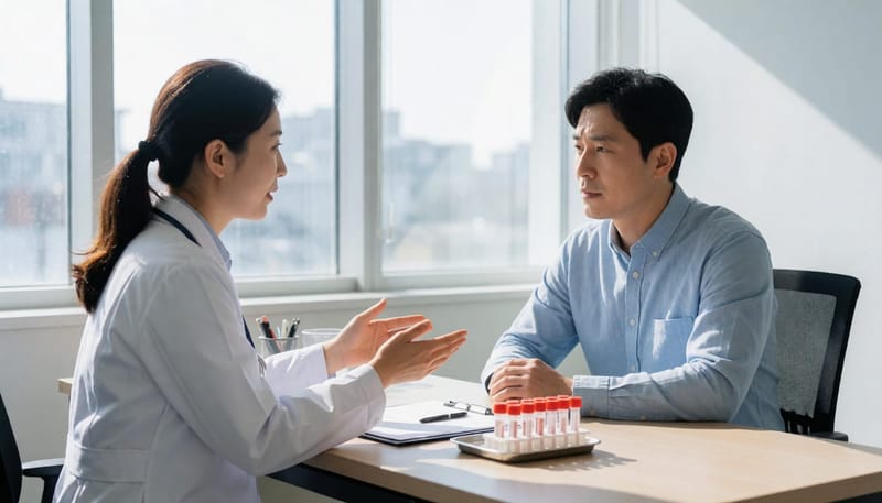 진료실에서 혈액검사 도구를 두고 상담하는 의사와 환자