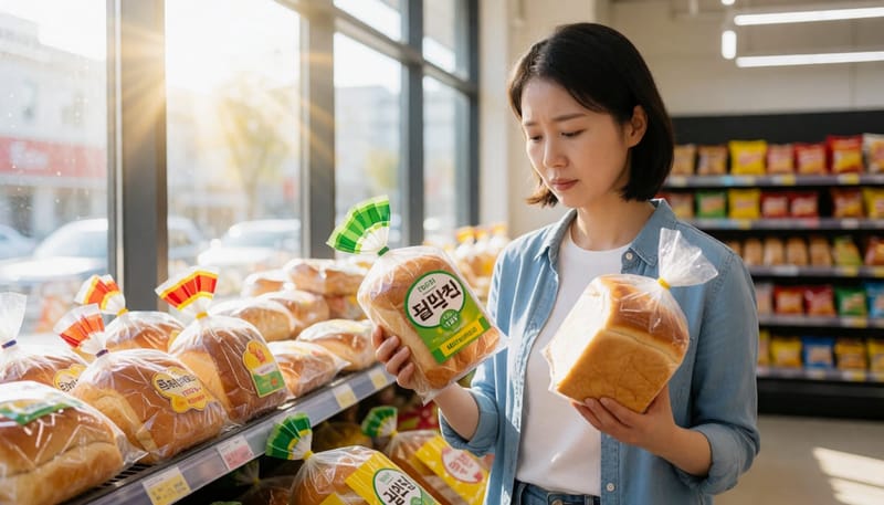 마트에서 빵 제품 두 가지를 비교하며 고민하는 여성