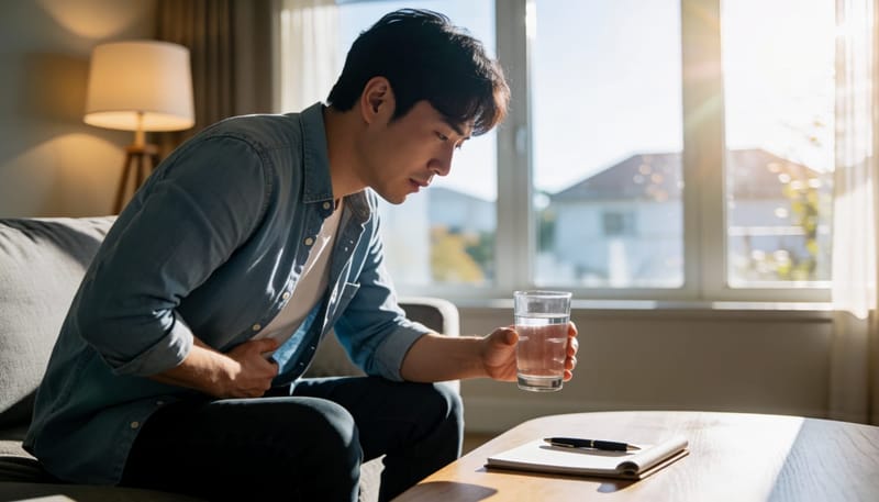 저녁에 소파에서 복통을 느끼며 물을 마시는 남성
