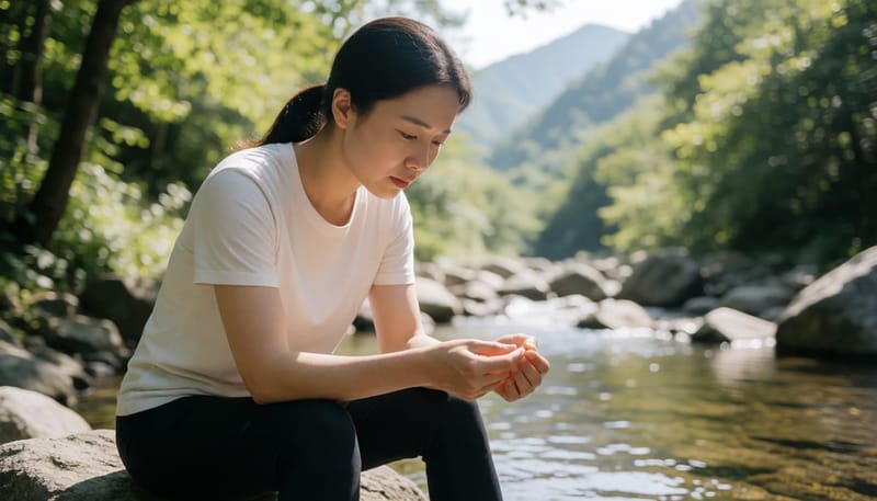 계곡가 바위에 앉아 종아리의 긁힌 상처를 살펴보는 여성