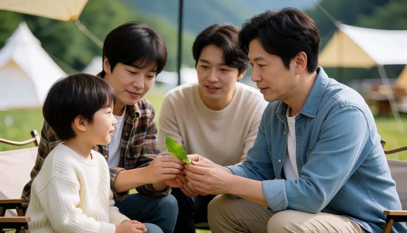 아이가 나뭇잎으로 상처를 문지르려는 것을 어른이 말리는 장면