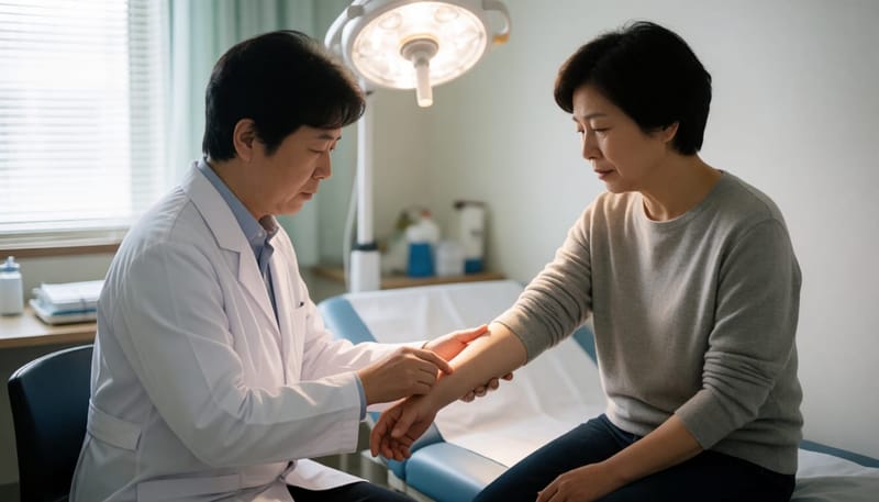 부어오른 팔의 상처를 진찰하는 의사와 진료받는 환자