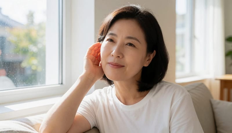 귀가 먹먹한 느낌에 손을 대고 있는 여성