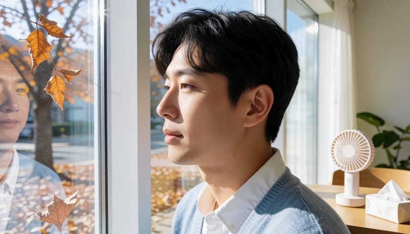 환절기 창가에서 귀 쪽을 보여주는 옆모습