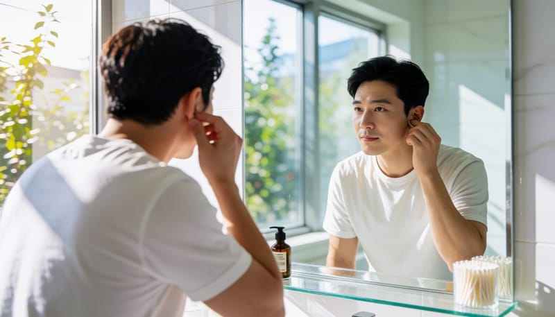 면봉을 들고 거울 앞에서 망설이는 남성