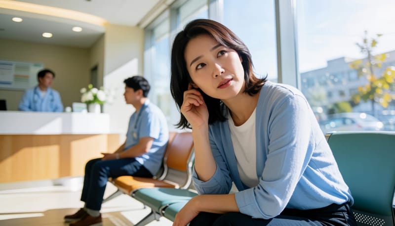 병원 대기실에서 귀를 만지며 걱정스러운 표정의 여성