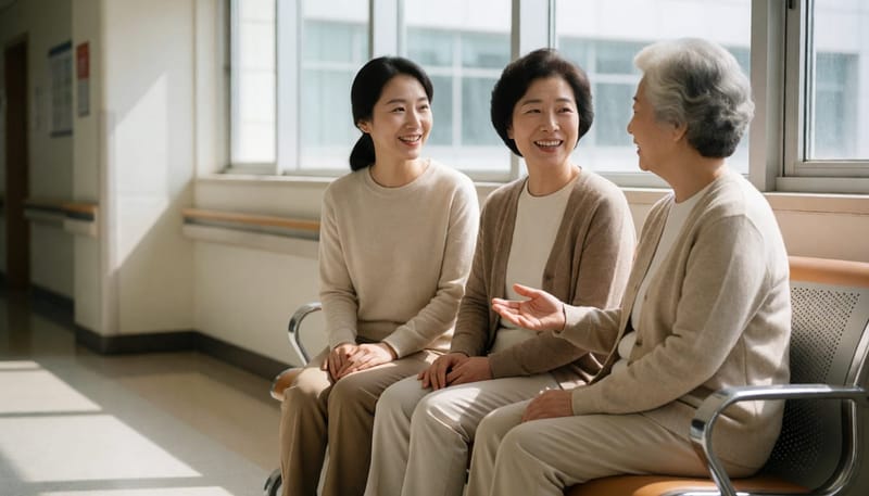 세대가 다른 여성 세 명이 병원 복도에서 대화하는 모습