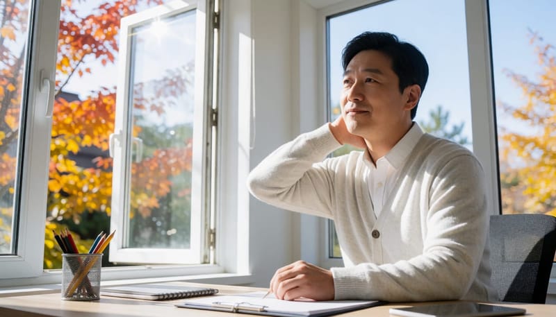 환절기 창가에서 목 뒤를 문지르는 남성