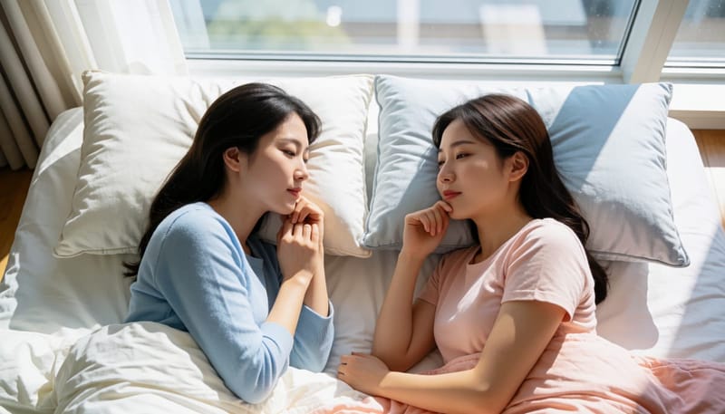 두 개의 베개를 비교하며 살펴보는 여성