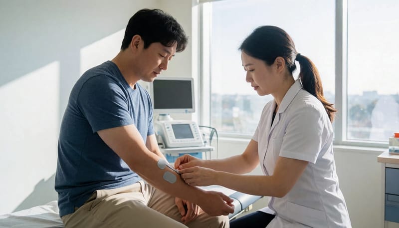 신경전도검사를 위해 전극을 부착하는 검사실 장면