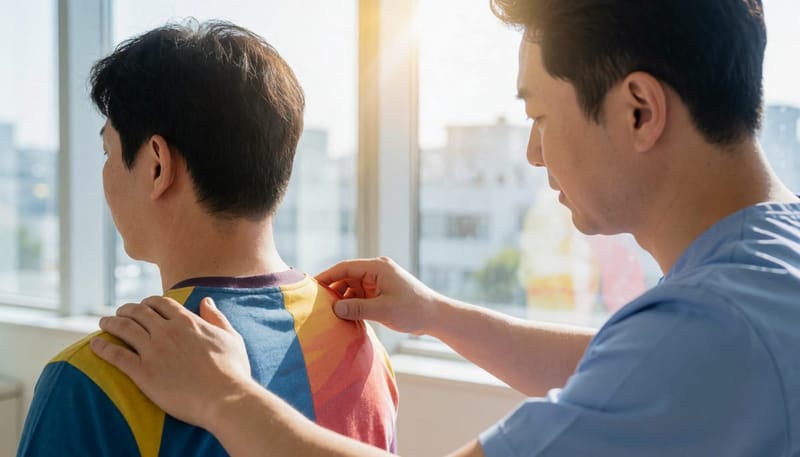 물리치료사가 환자의 어깨 근육을 눌러 통증 부위를 확인하는 모습