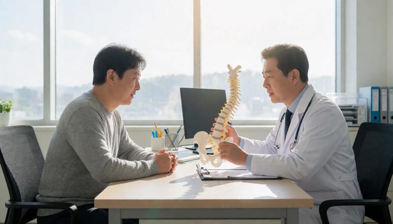 의사가 경추 모형을 보여주며 환자에게 치료 방법을 설명하는 장면