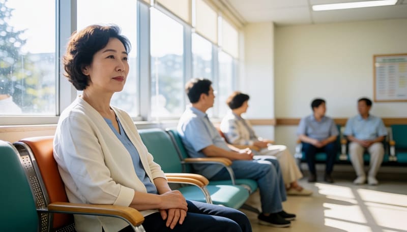 대기실에서 생각에 잠긴 환자의 모습