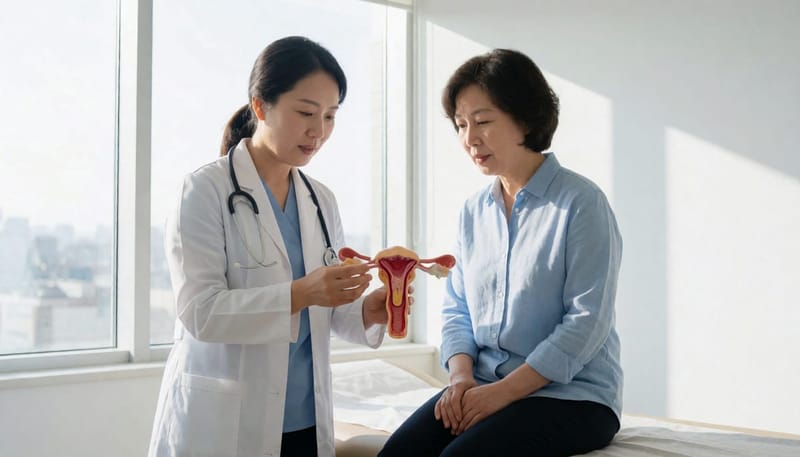 의사가 자궁 모형으로 병변 위치를 설명하는 장면