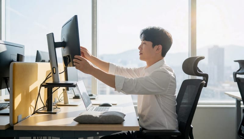 사무실 책상에서 모니터 높이를 조절하는 직장인