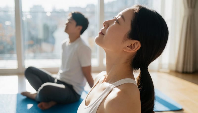 목을 뒤로 젖히는 동작을 보여주는 여성의 옆모습