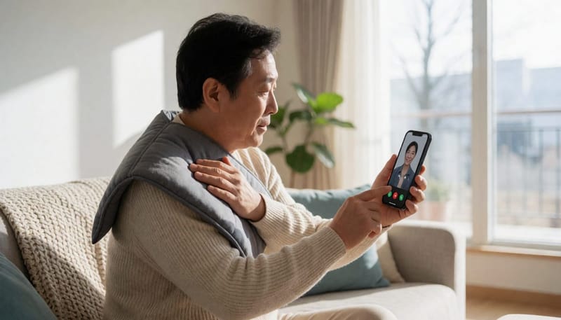온찜질을 하며 전문의 상담을 고민하는 남성의 모습