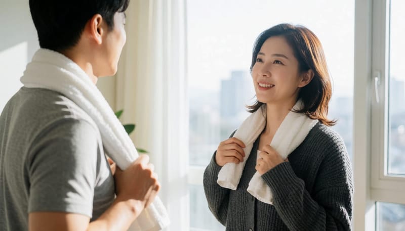 운동 후 옷을 갈아입으며 위생 관리를 신경 쓰는 일상