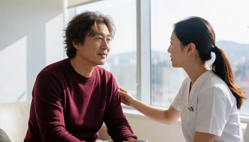 레이저 치료 후 회복 상태를 확인하는 모습. 며칠간 가벼운 붓기가 남을 수 있습니다.