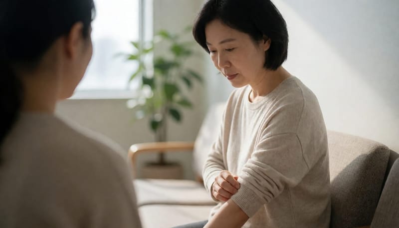 대기실에서 겨드랑이 부위를 만지며 생각에 잠긴 여성의 모습