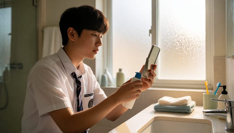 아침에 욕실에서 데오드란트를 바르는 남학생의 일상적인 모습
