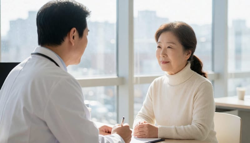 진료 과정에서 증상이 심해지는 시기와 생활 습관을 함께 확인하는 장면입니다.