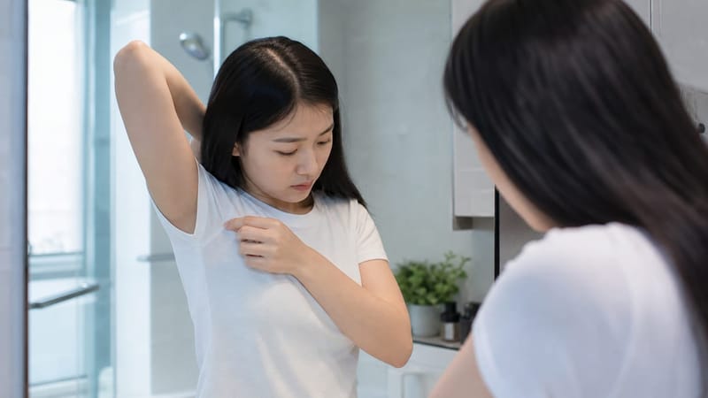 겨드랑이 부위 옷 자국을 확인하는 모습