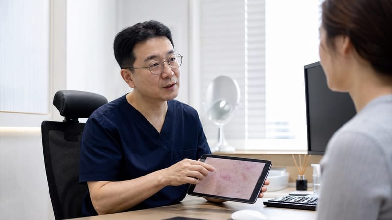 피부 상태를 확인하는 진료 장면